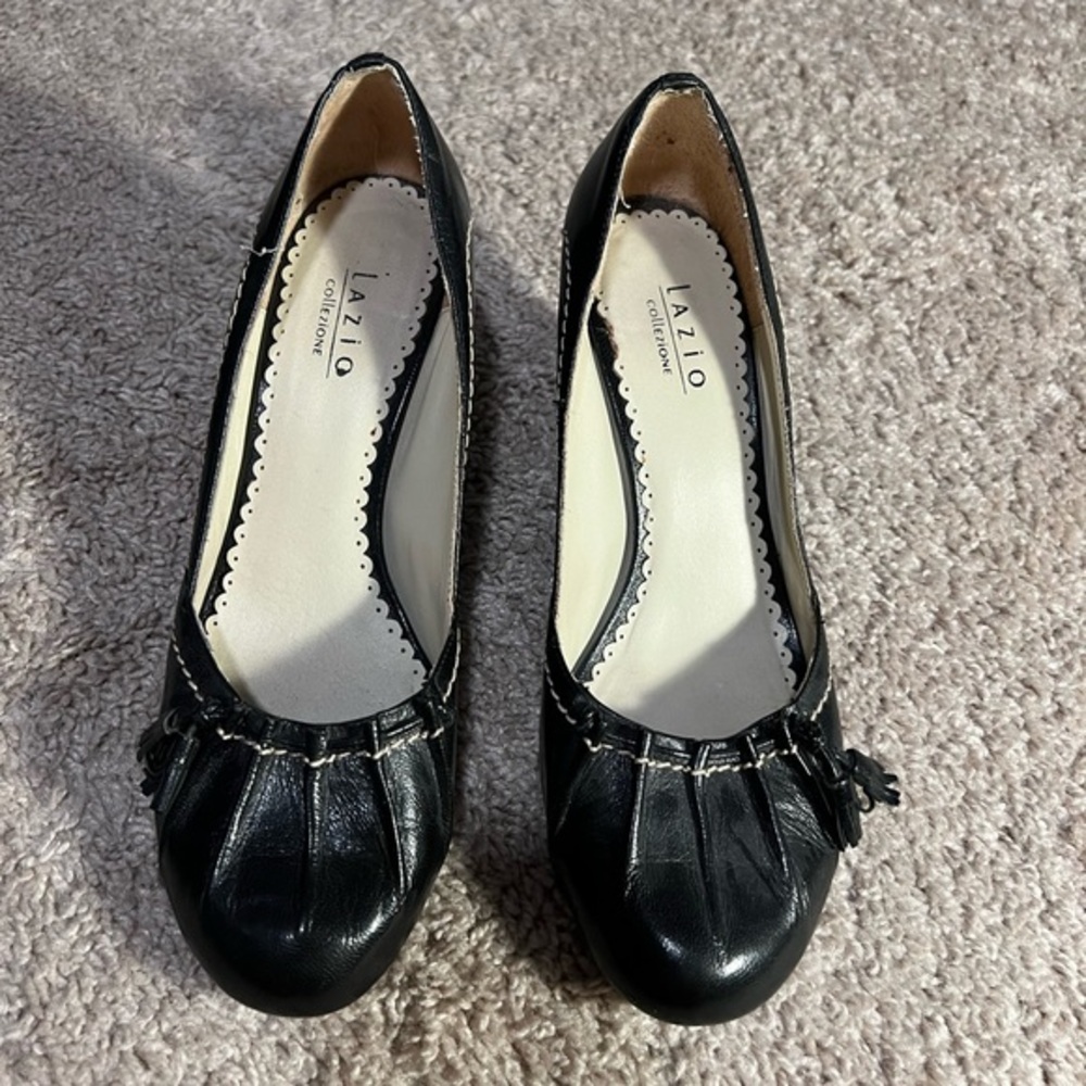 Lazio Collezione Womens Leather Round Toe Block Heel Pump Shoes Black Size 8